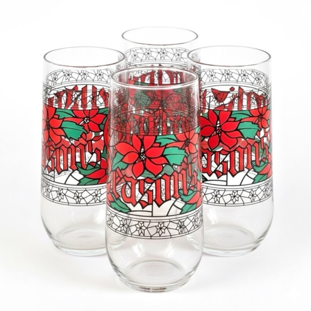 Vintage Houze Glass Season's Greetings Poinsettia Stained Glass 16oz Tumblers 4